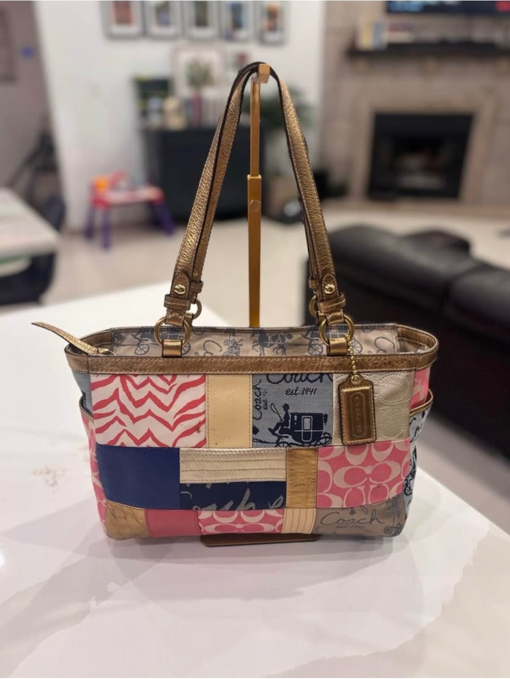 Coach Patchwork Shoulder Bag in Pink, Navy & Gold